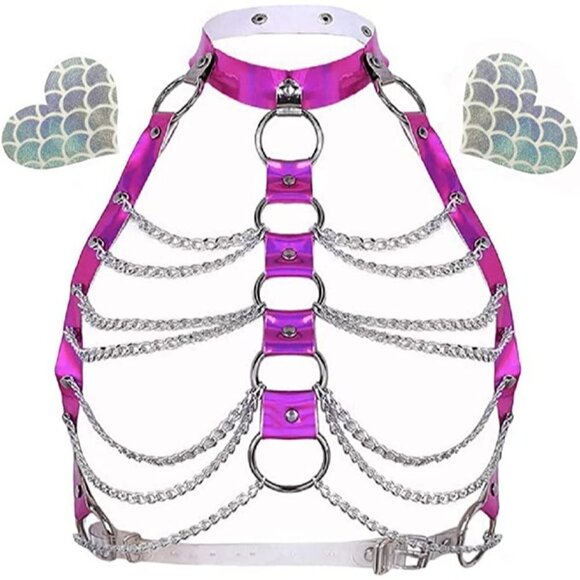 Pink Hologram Body Chest Harness Cage Bra Choker Chain Costume Pasties Festival - Picture 7 of 8